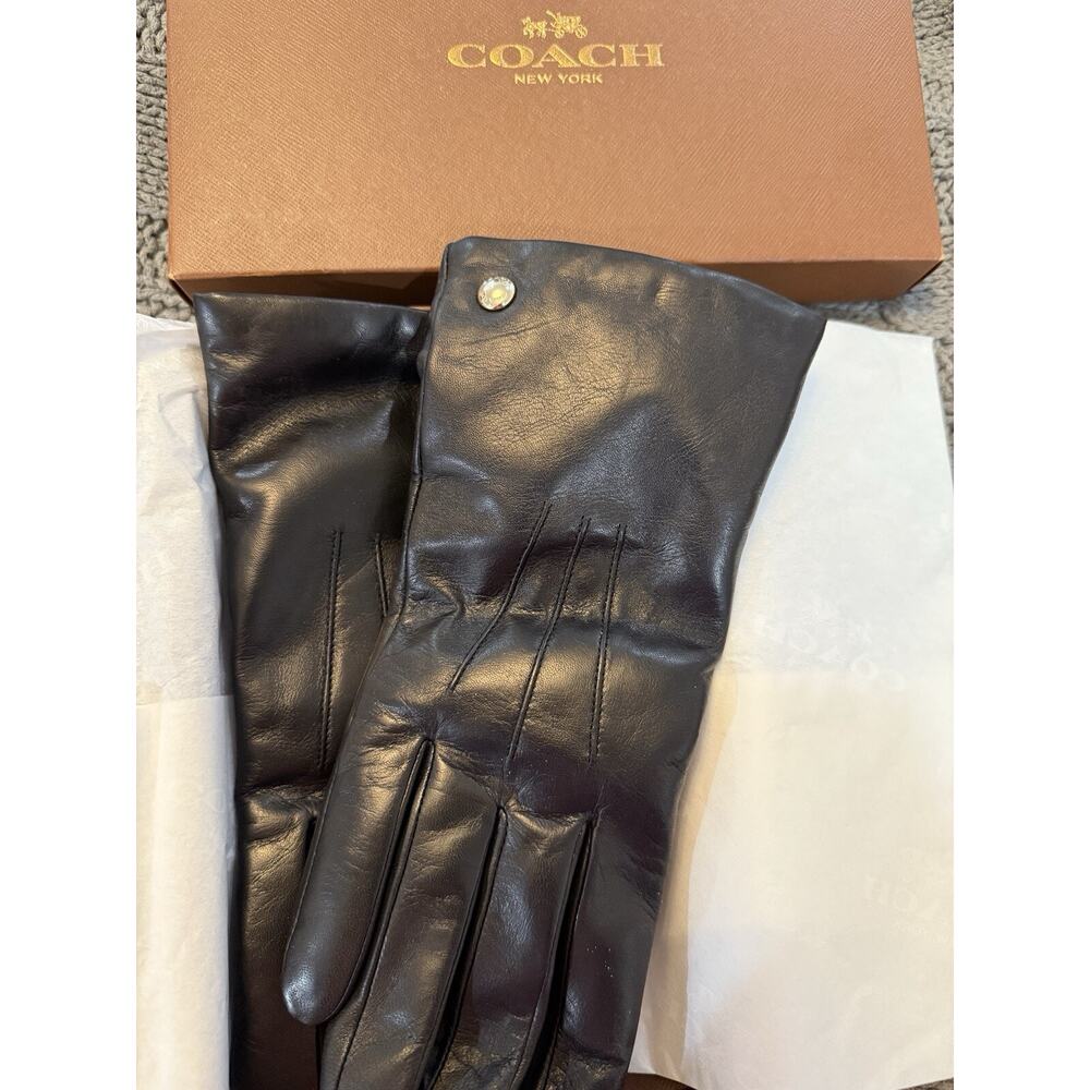 Coach Women's Black Leather Gloves Size 7, New With Tags And Box
